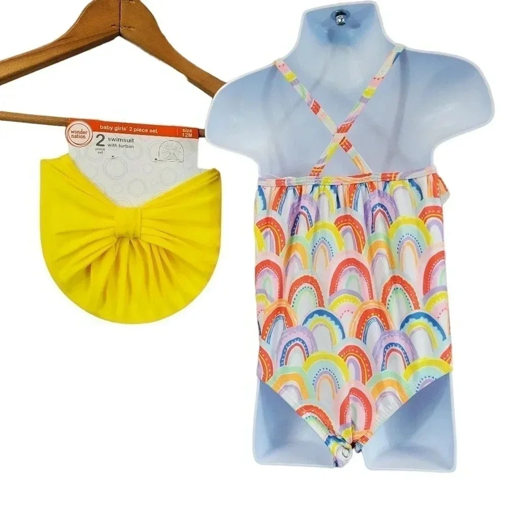 12m Baby Girls Rainbow One Piece Swimsuit with Matching Hair Turban Swimwear